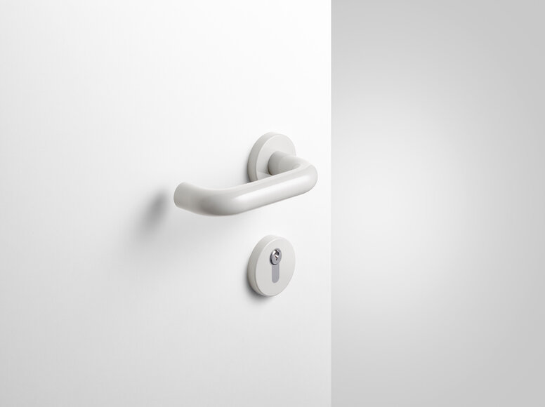 HEWI lever handle light grey Lever handle with key rosette in light grey made of polyamide