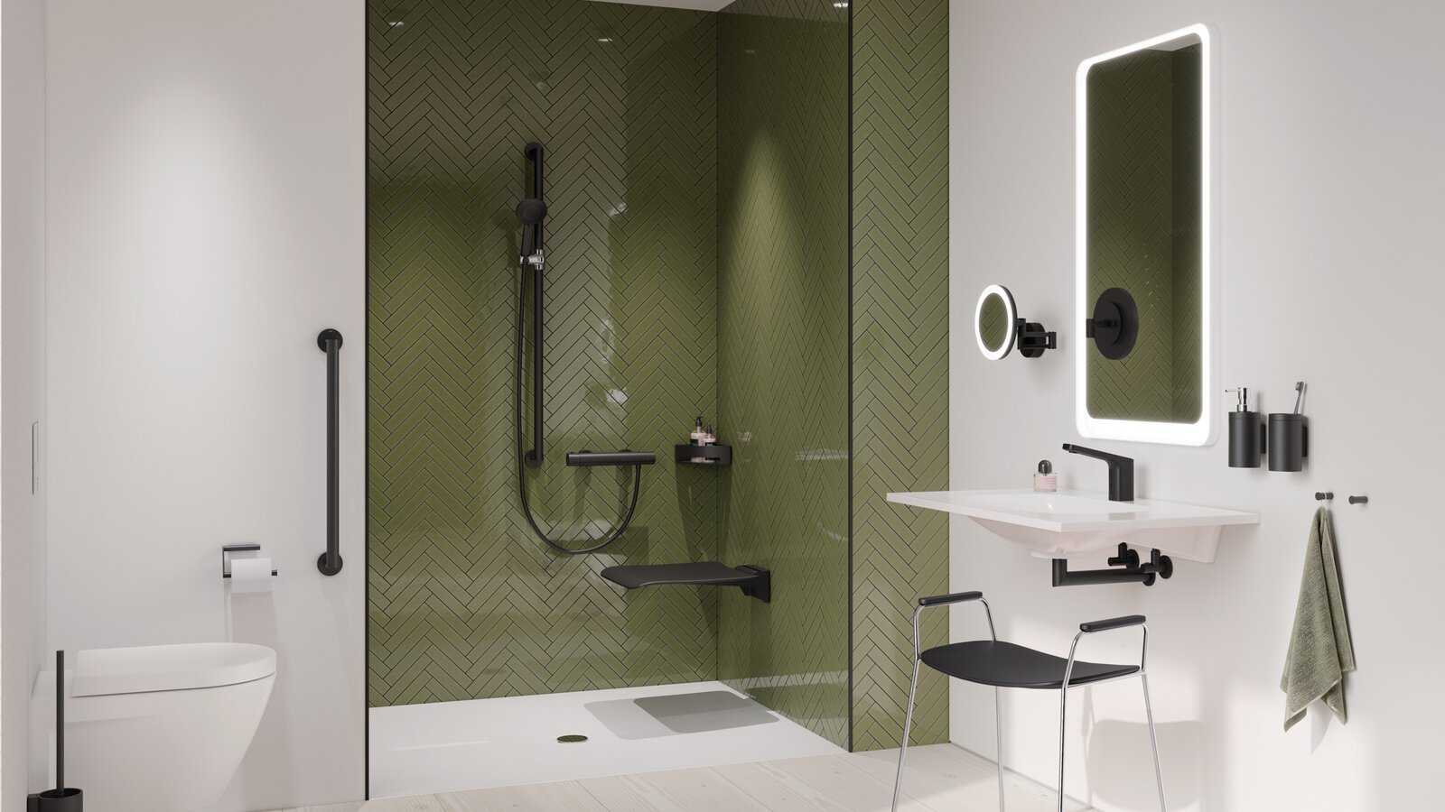 HEWI barrier-free bathroom Series 900 Black matt Barrier-free bathroom with washbasin, shower area and WC