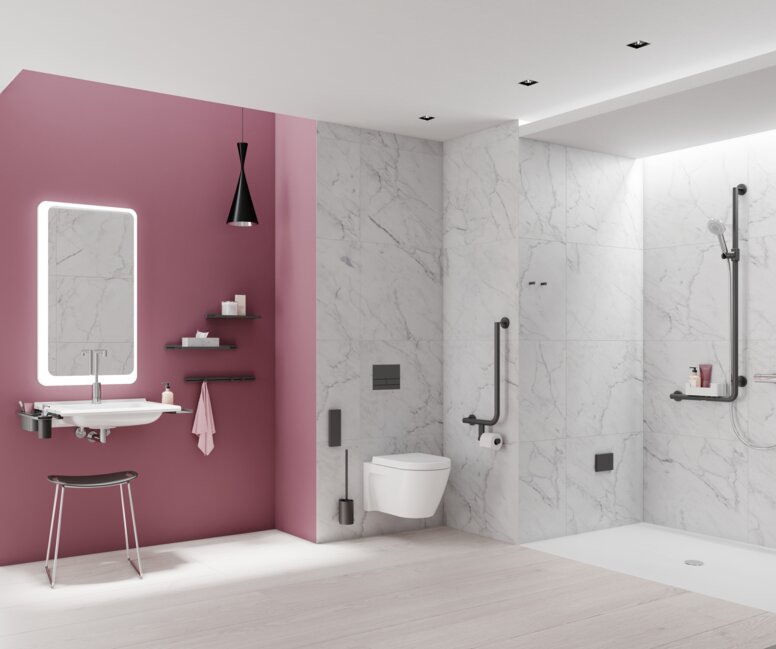 HEWI barrierefreies Bad System 900 Schwarz matt Barrierefreies Bad mit Waschplatz, Duschbereich und WC ausgestattet mit Accessoires in Schwarz matt