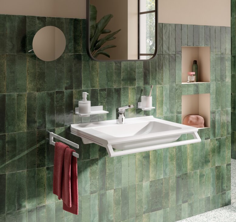 HEWI System 900Q Washplace equipped with towel rail and soap dispenser in matt white