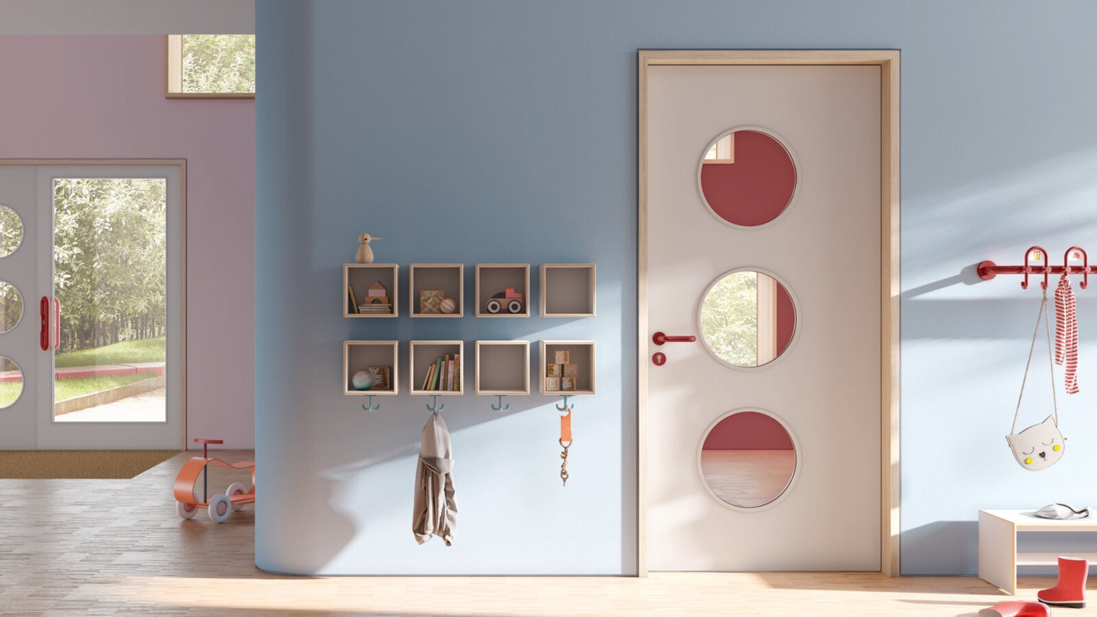 HEWI fittings, wardrobe and M20 furniture for children Colorful kindergarten equipped with HEWI fittings, wardrobe and furniture