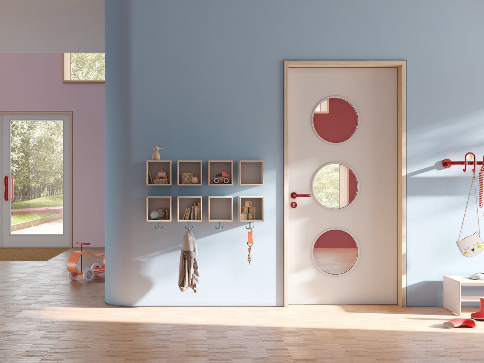 Colourful kindergarten equipped with HEWI fittings, cloakroom and furniture