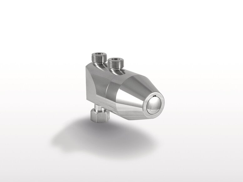 Chrome-plated sensor fitting with two connection threads against a white background