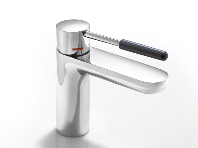 Tap with lever handle, dark grey synthetic material body and round spout with a chrome-plated surface against a white background