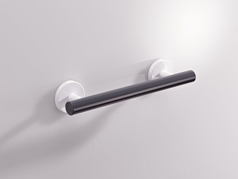 Support rail with a black round synthetic material tube and white wall brackets, fitted to a light grey wall
