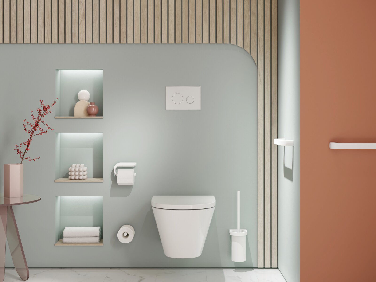 HEWI System 800 Interior Wall-hung WC with push-button flush and a white toilet brush against a light blue wall