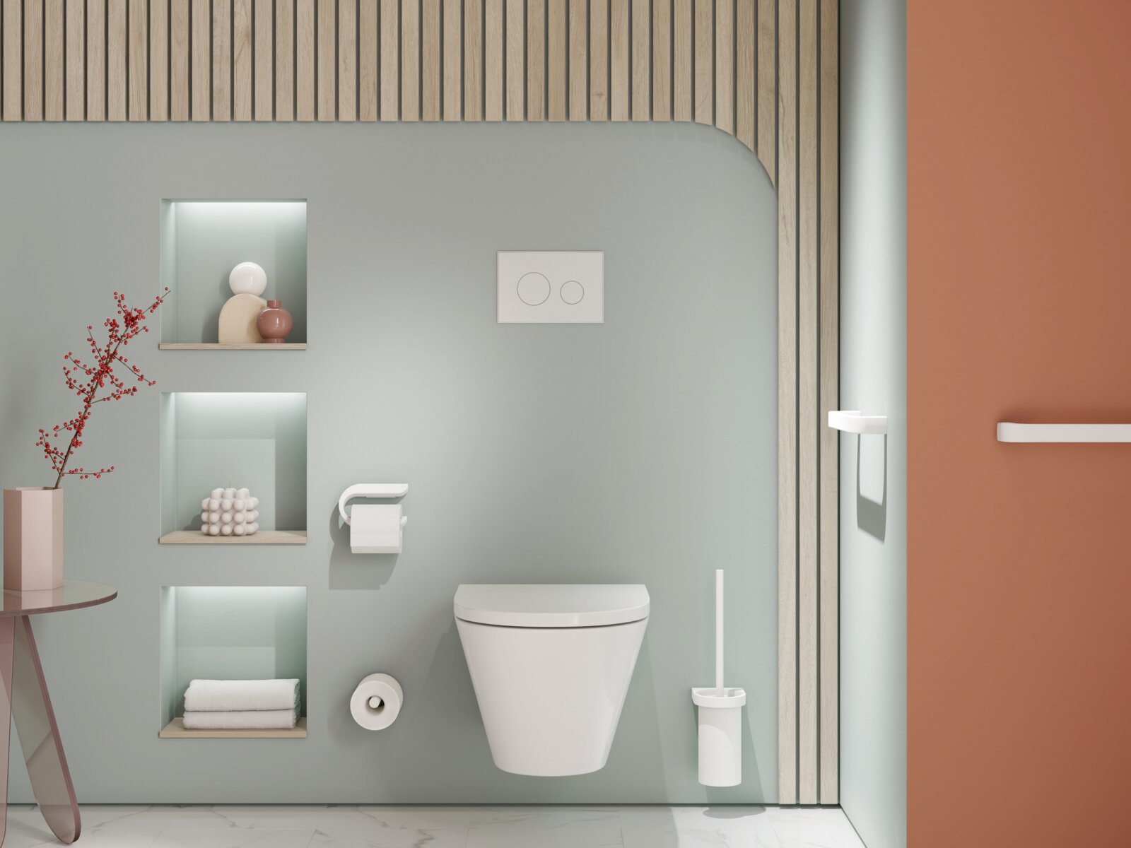 Wandhängendes WC mit Drückerplatte und weißer Toilettenbürste an hellblauer Wand