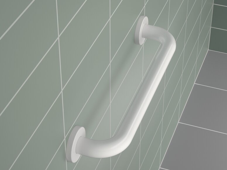 HEWI Range 801 Support Rail for People with Obesity White synthetic material support rail with a round tube and brackets on a green tiled wall