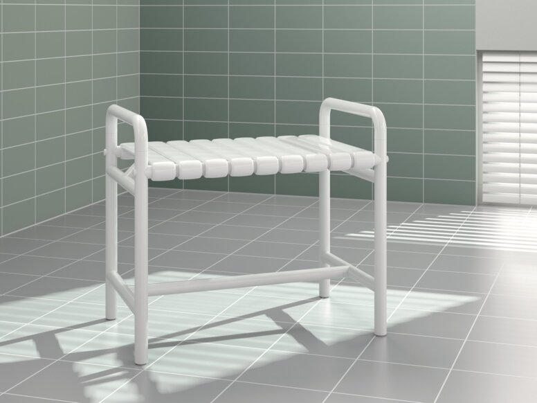 HEWI Range 801 Shower Bench for People with Obesity A bench with two white synthetic material armrests against a light green tiled wall