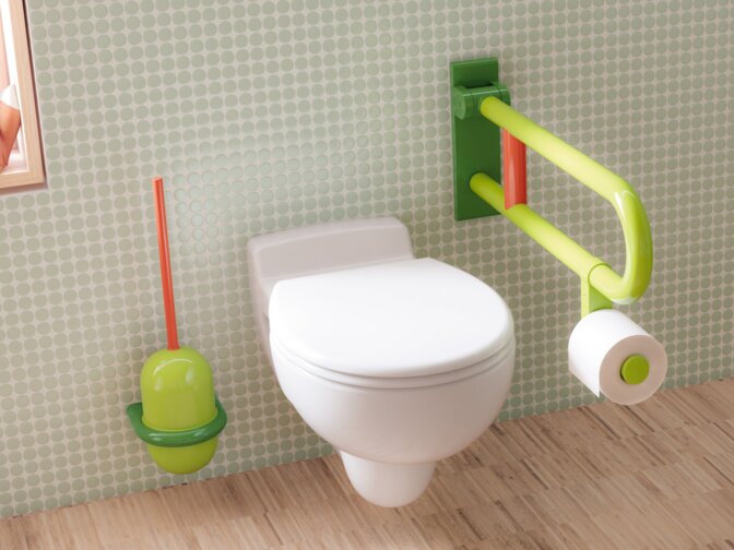 Wandhängendes WC mit Haltegriff mit integrierter WC-Papierhalterung und Toilettenbürstenhalterung vor hellgrüner Fliesenwand
