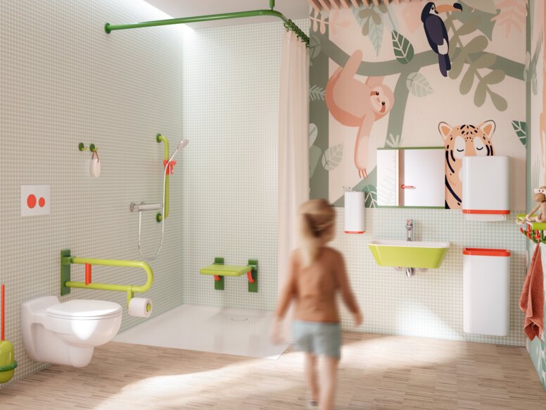 HEWI Serie 801 ICONIC Interieur Kinderbad mit wandhängendem WC, klappbarem Stützgriff in bunten Farben, farbigem Waschbecken und klappbarem Duschsitz