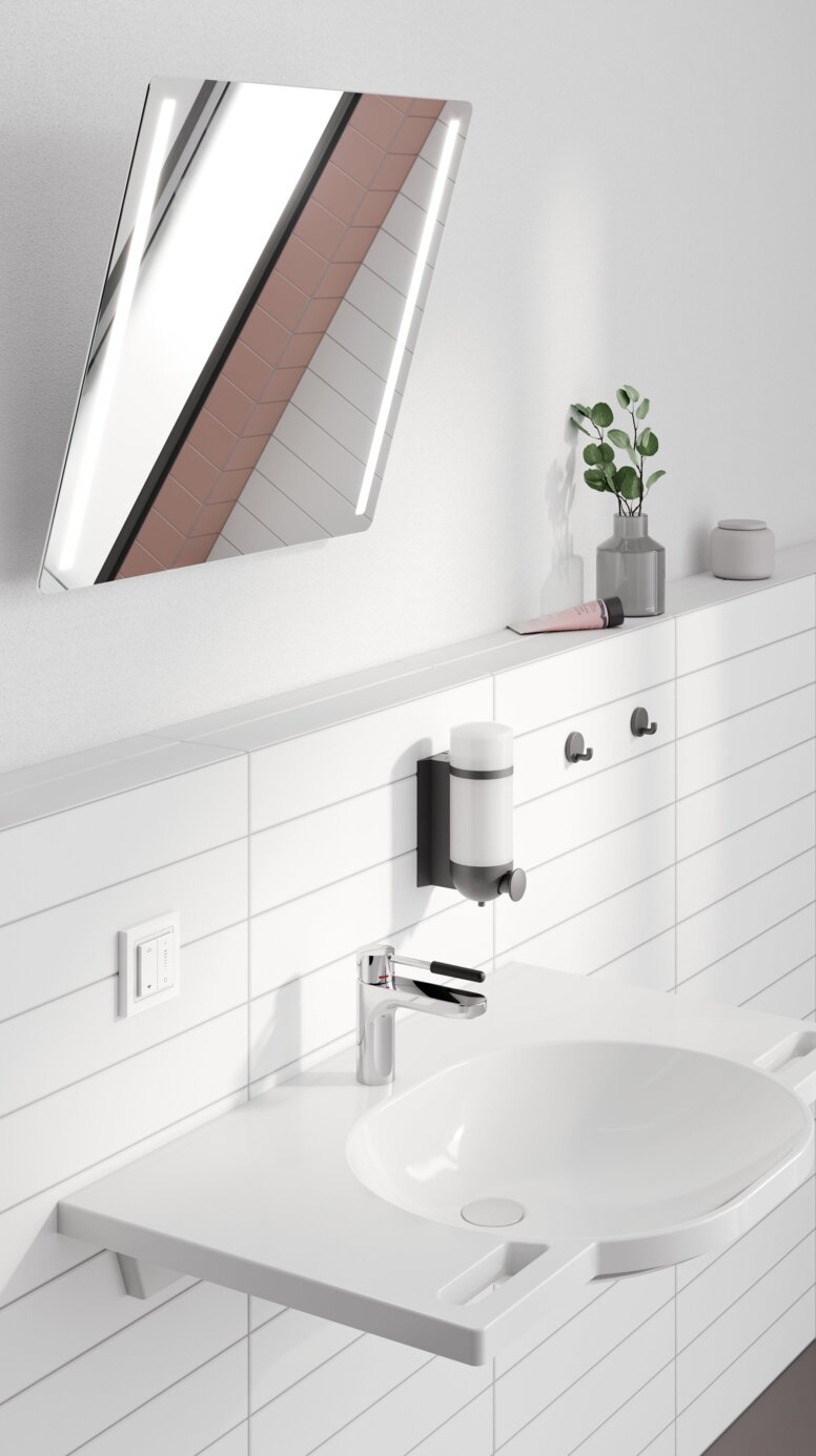 Washbasin with tap, side handles, soap dispenser, two hooks and an additional soap dispenser above the washbasin area