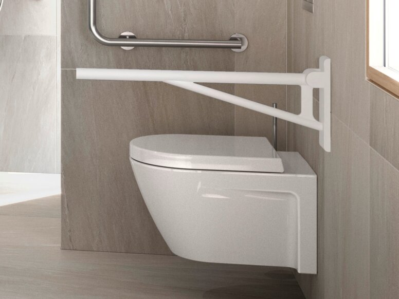 HEWI System 900 Interior Accessibility WC facilities with a stool by the wheelchair-accessible washbasin, a hinged seat in the shower and a hinged support rail by the toilet