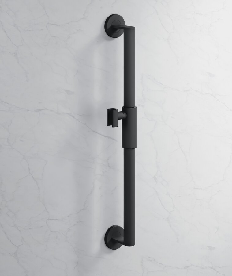 Black powder-coated shower handrail with shower head holder on a white marble wall