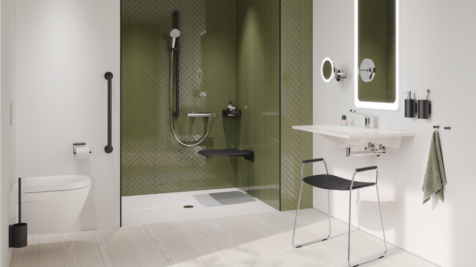 HEWI System 900 Interior A support rail next to a WC, a black hinged seat and a black shower handrail in the shower with a green tiled wall