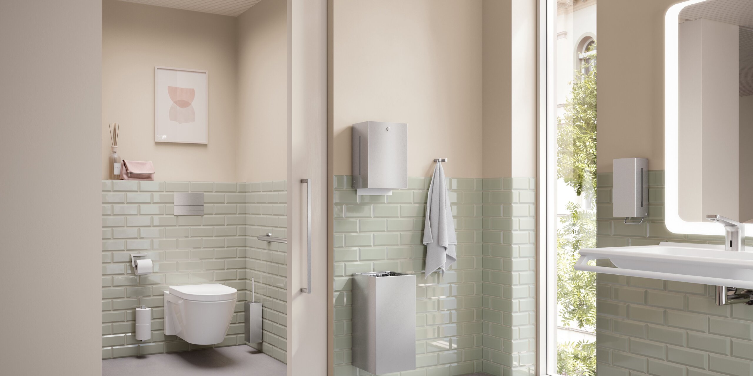 WC with toilet roll holder, support rail and toilet brush in a bathroom with light green tiles and a beige-coloured wall