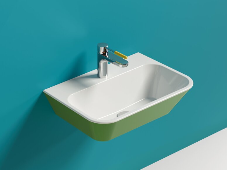 HEWI S950 washbasin Wall-mounted green mineral composite washbasin with a square shape and a tap with a yellow lever handle against a blue wall