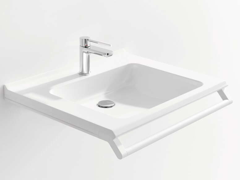 White washbasin with a rectangular bowl, a chrome-plated tap and a support rail along the front edge