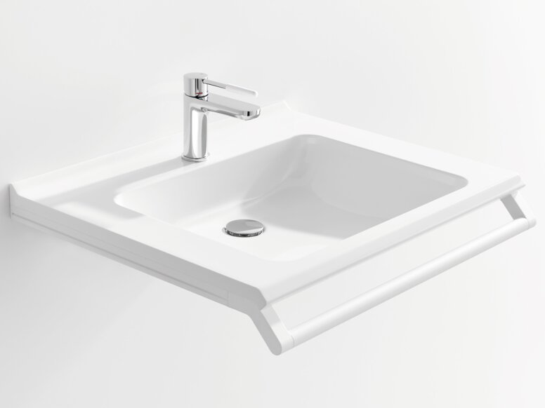 HEWI Waschtisch Weißer Waschtisch mit einer rechteckigen Beckenmulde, einem verchromtem Wasserhahn und einem Haltegriff an der Vorderkante