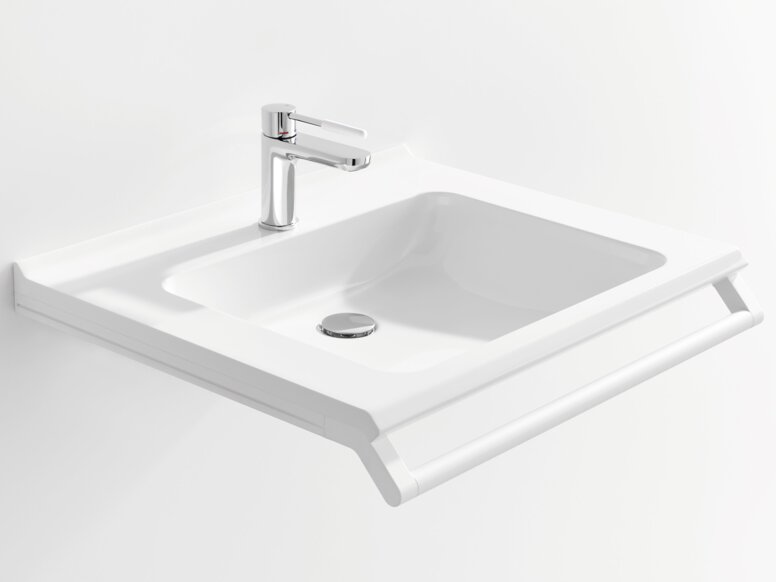 HEWI Waschtisch Weißer Waschtisch mit einer rechteckigen Beckenmulde, einem verchromtem Wasserhahn und einem Haltegriff an der Vorderkante