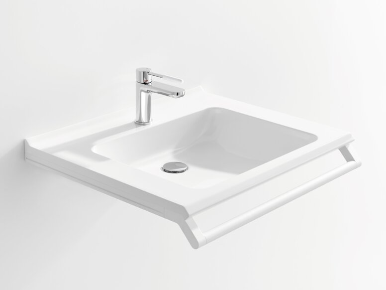 HEWI washbasin White washbasin with a rectangular bowl, a chrome-plated tap and a support rail along the front edge