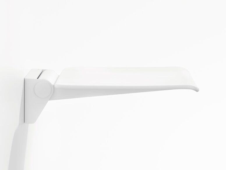 White wall-mounted hinged seat with a flat seating surface and rounded front edge against a white background, viewed from the side