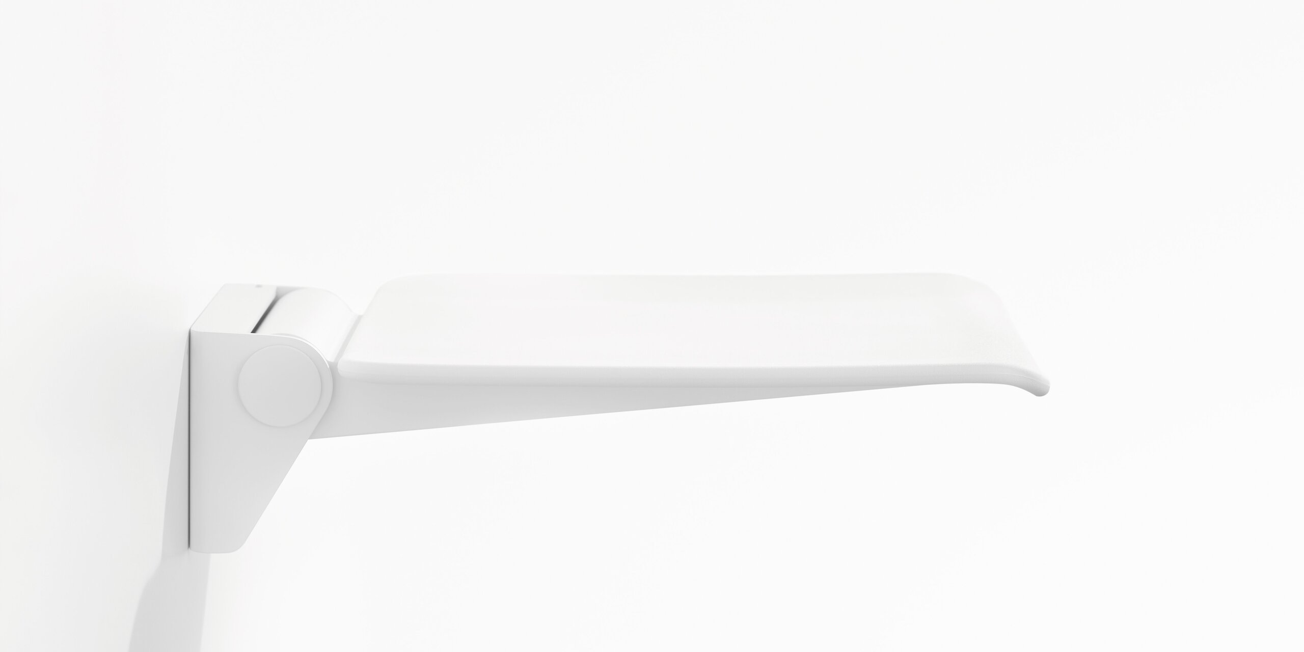 White wall-mounted hinged seat with a flat seating surface and rounded front edge against a white background, viewed from the side