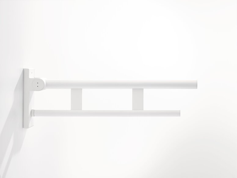 White Duo hinged support rail with two horizontally arranged parallel rails connected by vertical supports against a white wall