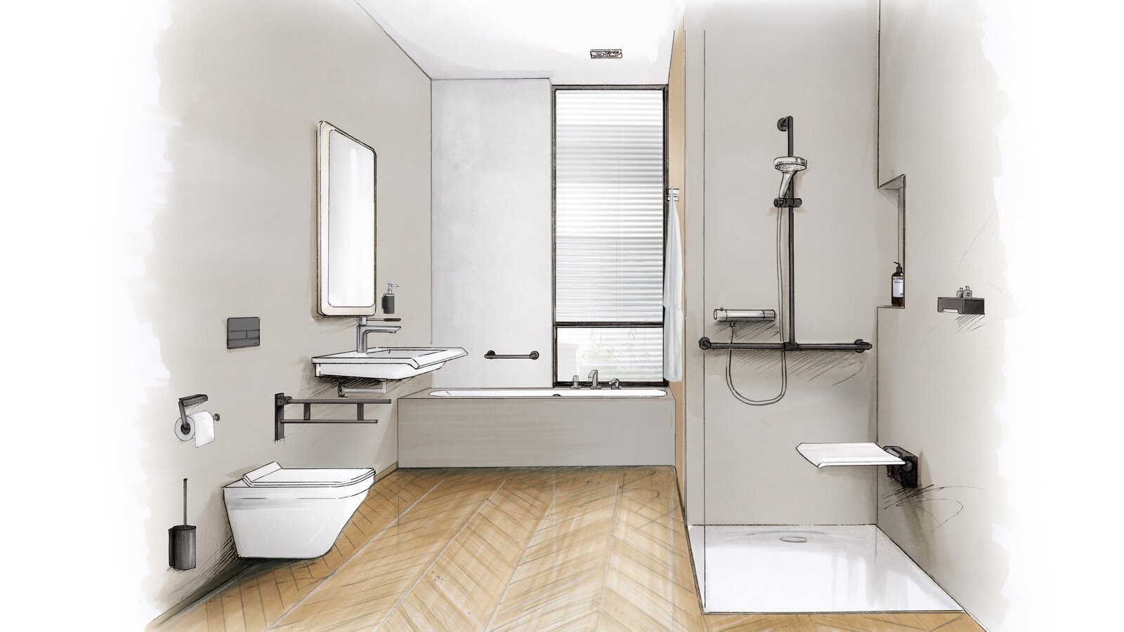 HEWI System 900 Barrierefreies Badezimmer mit bodengleicher Dusche, unterfahrbarem Waschtisch und Stützklappgriffen – KfW-Förderung Badsanierung möglich.