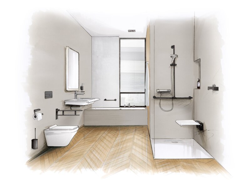 Barrierefreies Badezimmer mit bodengleicher Dusche, unterfahrbarem Waschtisch und Stützklappgriffen – KfW-Förderung Badsanierung möglich. 