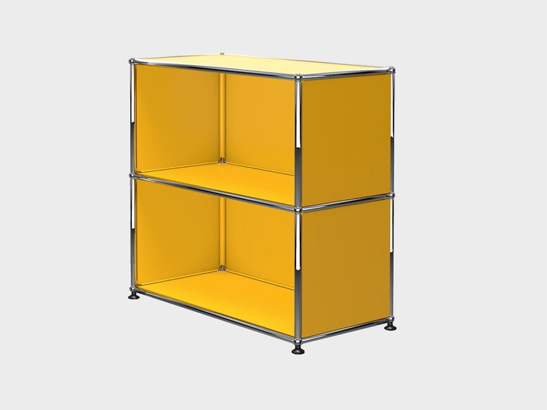 Design Original USM Otwarta szafka z dwiema przegrodami w kolorze żółtym i chromowaną ramą
