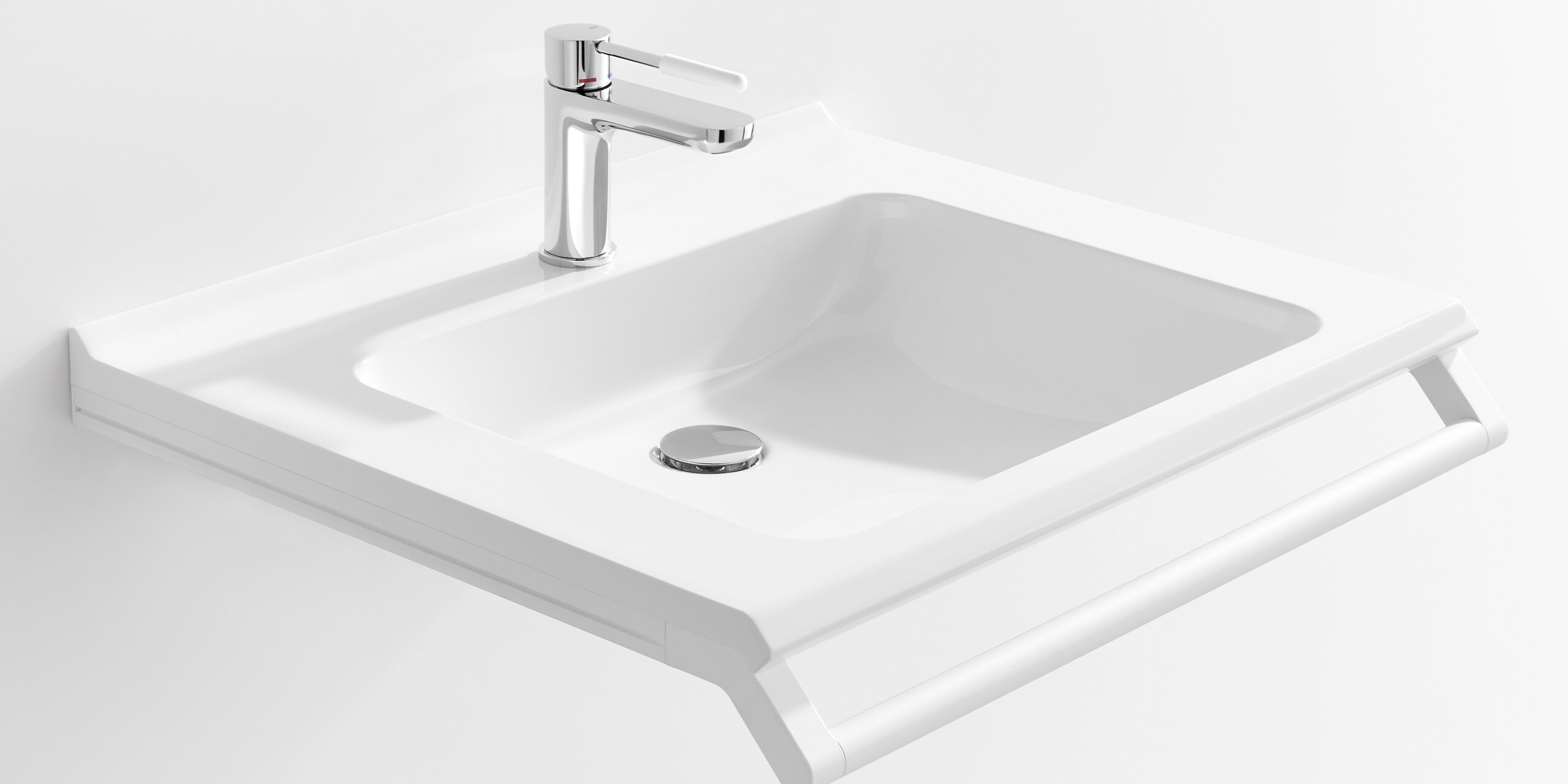 Barrierefreier Waschtisch mit Haltegriff in der Farbe Weiß matt aus Edelstahl und Einhebelarmatur Chrom mit weißem Griffelement aus Polyamid
