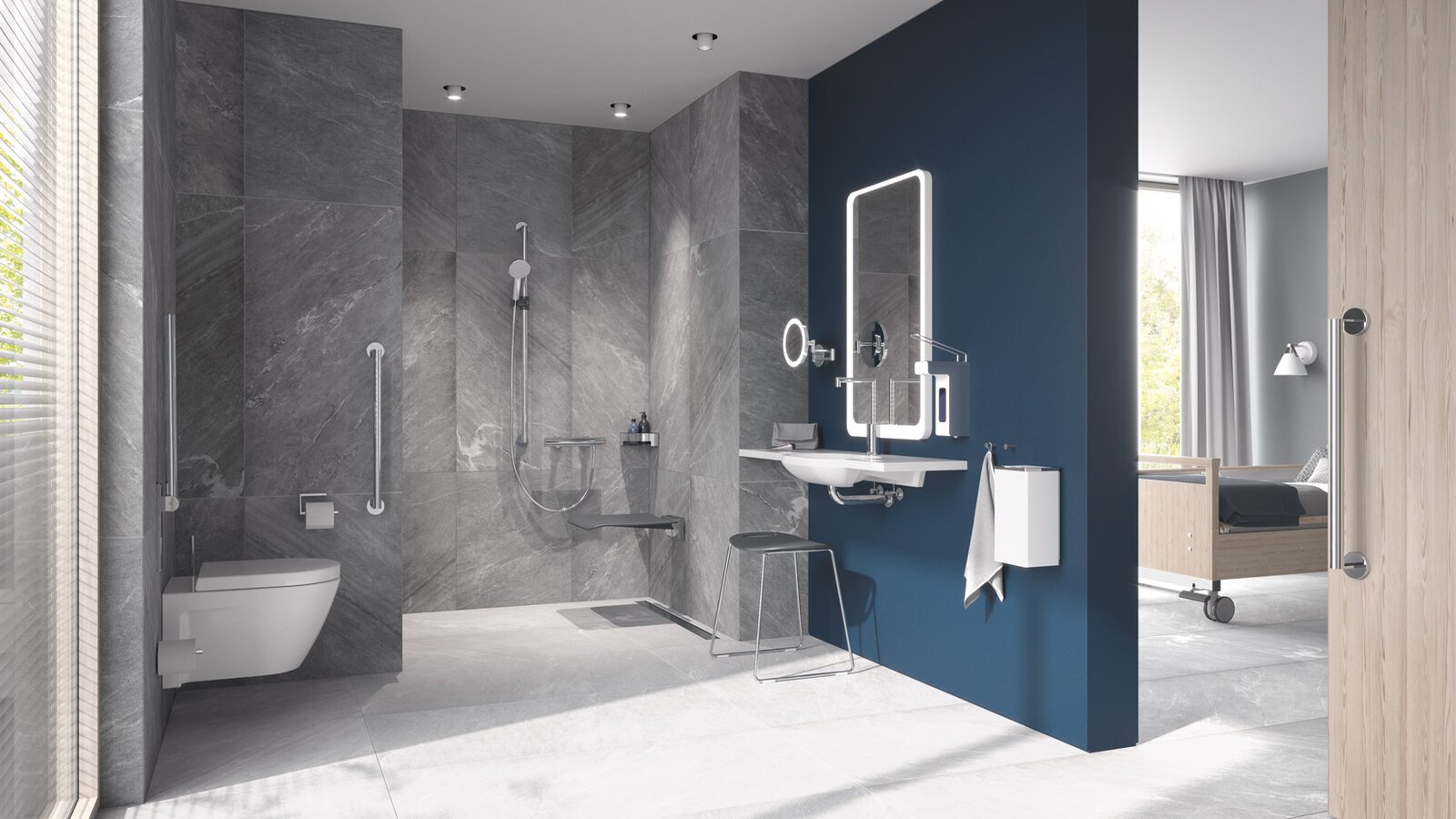 HEWI barrier-free bathroom in System 900 Barrier-free bathroom in System 900 from HEWI
