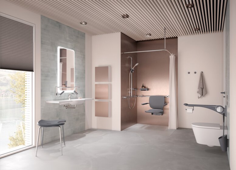 Barrièrevrije zorgbadkamer HEWI liftsysteem antraciet mat Barrièrevrije zorgbadkamer met wastafel, douche en toilet