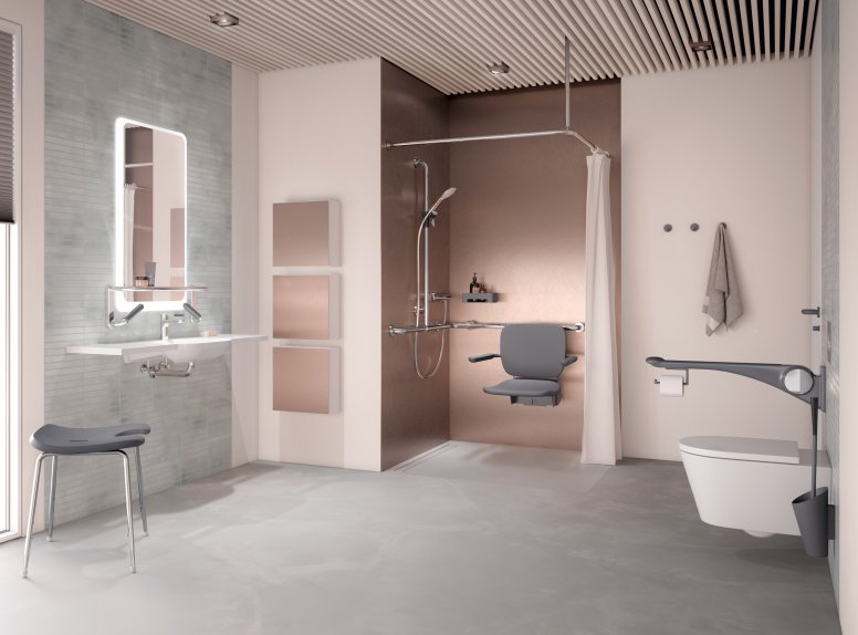 Barrier-free care bathroom HEWI lift system anthracite matt Barrier-free care bathroom with washbasin, shower area and WC