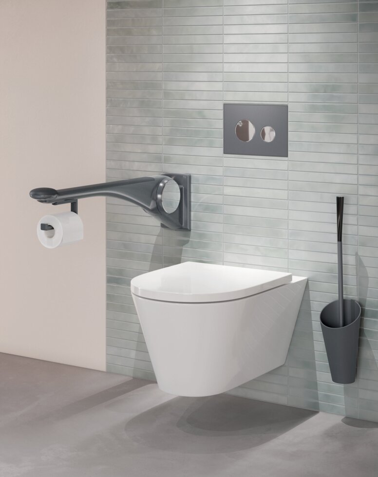 HEWI LifeSystem inklapbare steungreep antraciet mat WC uitgerust met opklapbare steungreep en toiletborstel in de kleur antraciet mat