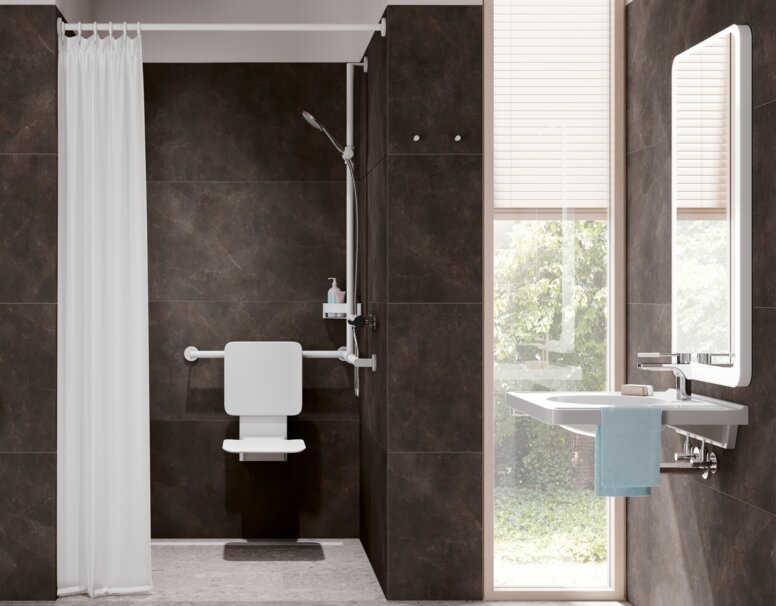 HEWI barrier-free bathroom system 900 White Barrier-free bathroom with shower and wash area System 900