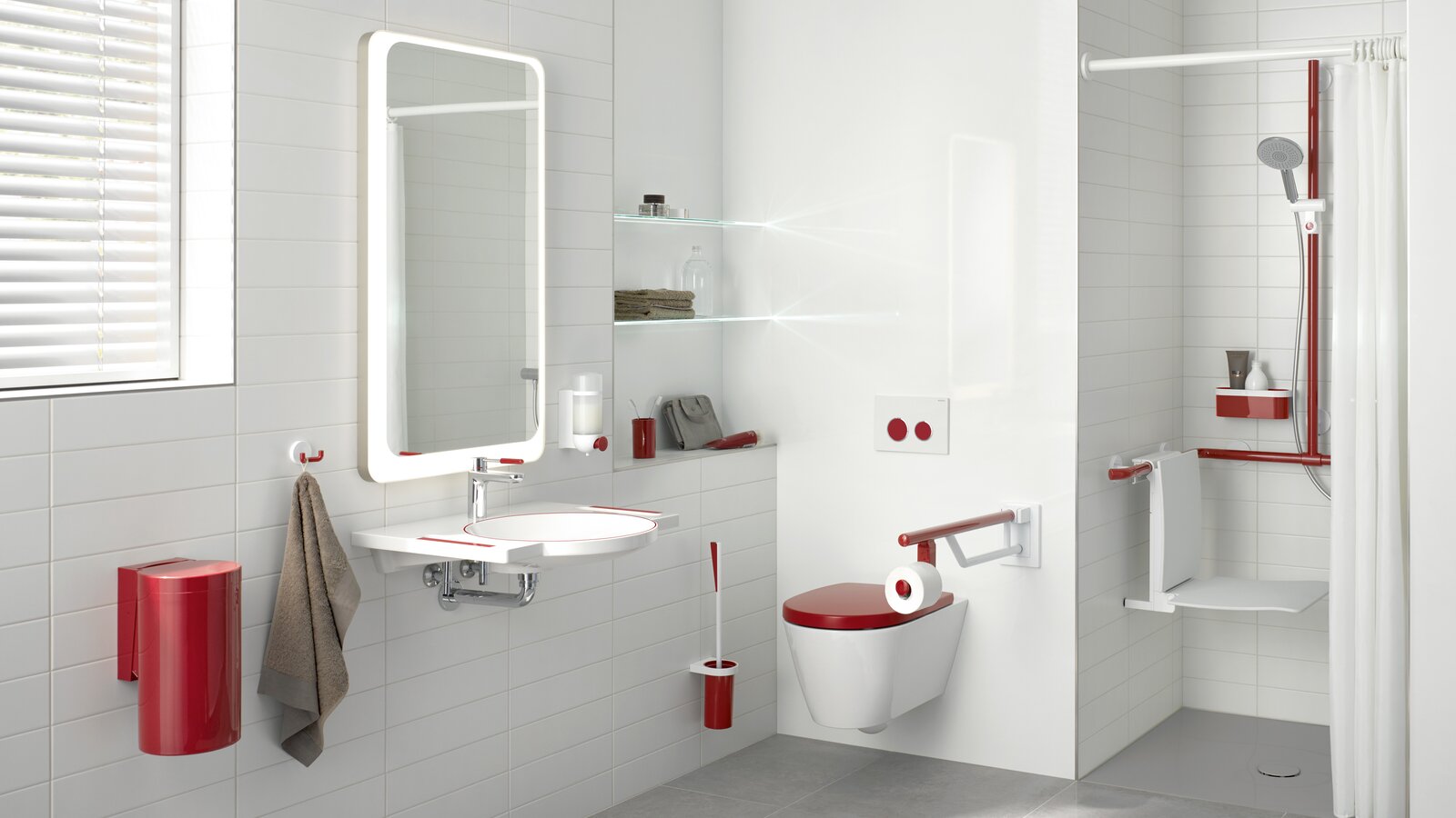 HEWI dementia-sensitive products Bathroom equipped with products in a contrasting red color for dementia patients