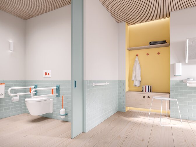 Barrier-free bathroom equipped with HEWI series 477/801 in the 3 ICONIC colors aqua blue, coral and white