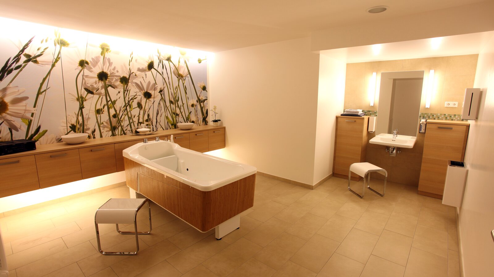 Franz Jordan House in Warburg Care bathroom equipped with a stool, soap dispenser, hygiene waste bin and System 800 paper towel dispenser