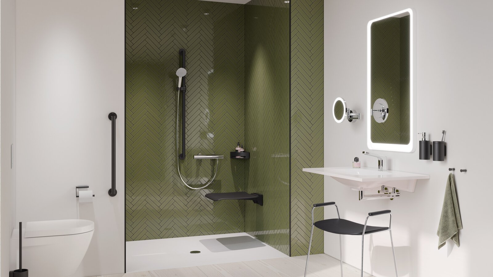 HEWI barrier-free bathroom system 900 Black matt Barrier-free bathroom with washbasin, shower area and WC
