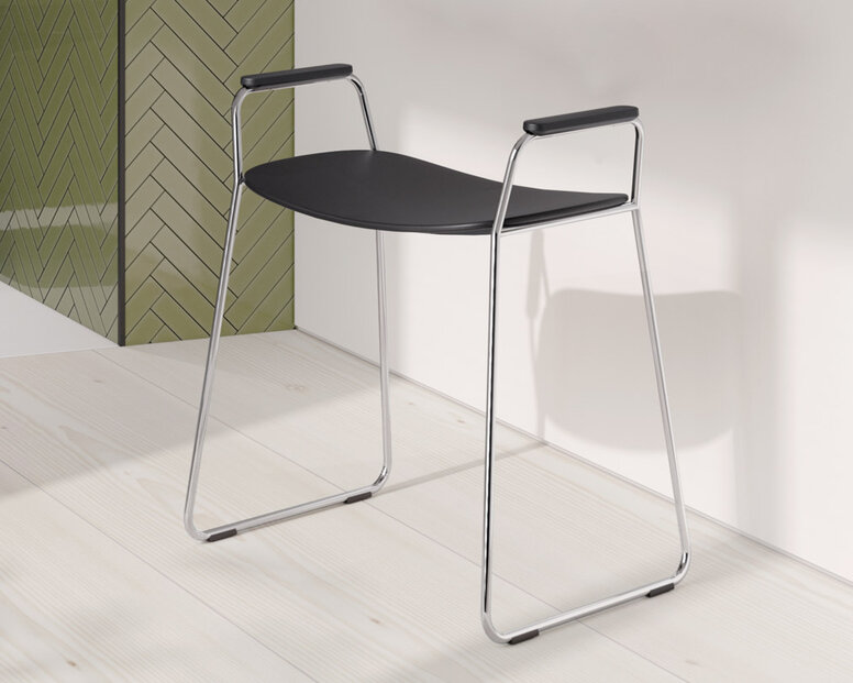 HEWI Shower stool deep black Shower stool with side support handles, seat in the colour deep black and with a chrome-plated frame