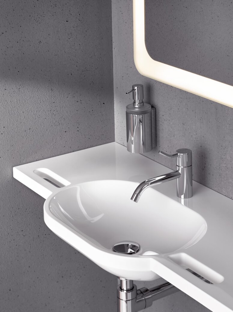 HEWI Washbasin Wash basin with slate handles, oval basin, single lever mixer in chrome, Becker and soap dispenser
